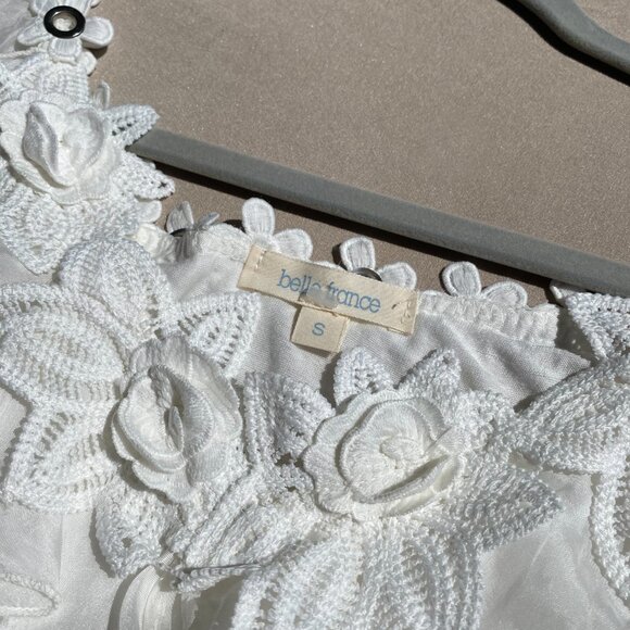 Belle France White Silk Blouse Sheer Sleeves Crocheted Floral Neck Size S - Picture 2 of 9